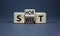 Short and sweet symbol. Turned wooden cubes and changed the word `short` to `sweet` or vice versa. Beautiful grey background,