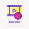 Short video thin line icon: film with button play and timer sign. Modern vector illustration for logo