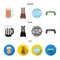 Shorts with suspenders, a glass of beer, a sign, an emblem. Oktoberfest set collection icons in cartoon,black,flat style