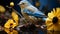 shot of a american gold finch bird with sunflowers