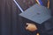 Shot backside group crowd of graduation hats during commencement success graduates