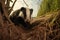 Shot of badger resting at entrance hole burrow mouth