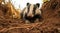 Shot of badger resting at entrance hole burrow mouth