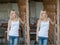 Shot of beautiful girl near an old wooden fence. Stylish look wear: white basic top, denim jeans. Country style farmer