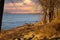 A shot of the blue running waters of the Mississippi river with people on the banks with bare trees and yellow grass