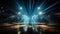 shot of blue spotlights shine on stage floor in dark room