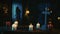 Shot capturing a table with magical tools on it: candles, cross and beads. On the background there is a blurry female