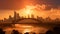 A shot of a city skyline during a sweltering heatwave, highlighting the dangers of extreme temperatures and heat-related illnesses