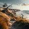 shot of a Coastal Landscape, depicting the beauty of coastlines with sand dunes, seaside plants, and driftwood by AI generated