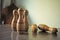 Shot of five wooden bowling toys on the table