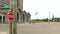 A shot from the front of Michigan Central Station, with an american flag flying