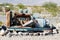 Shot of a gas station decorative rusty engine in the Death Valley in California, the US
