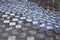 Shot of geometrically shaped white and blue weathered, old  tiles