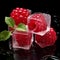 shot of an ice cube and a cluster of ripe Raspberries, capturing the vibrant red color by AI generated