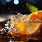 shot of an ice cube and a juicy Orange, showcasing the droplets of water from the melting ice cube by AI generated