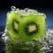 shot of an ice cube and a slice of Kiwi, highlighting the vibrant green color by AI generated