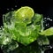 shot of an ice cube and a slice of refreshing Lime, highlighting the vivid green color by AI generated