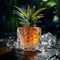 shot of an ice cube and a succulent Pineapple, showcasing the texture and golden color fruit by AI generated