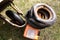 A shot of inner tubes and tires in a wheelbarrow