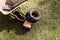 A shot of inner tubes and tires in a wheelbarrow