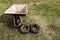 A shot of inner tubes and tires in a wheelbarrow