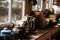 Shot of a kitchen with a collection of old steel kettles on a wooden board