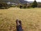 Shot of the legs of a traveller sitting on the grass in the park on an autumn day