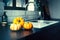 Shot of modern kitchen with kitchen sink, silver faucet flowers in a glass vase  pumpkins and soap