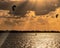 Shot of an ocean where people are practicing water kitesurfing under a cloud filled and sunny sky