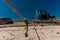 Shot of an old fishing boat on the shore of  Cais Palafitico do Porto da Carrasqueira, Portugal