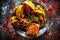 Shot of Piyaz pakora/bhaji/bhajji/bhajiya/bajji in a glass plate with some fresh green chilies and red chili powder along with it