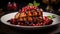 shot of Pomegranate Glazed Chicken, highlighting the glossy, deep-red glaze and the tender chicken by AI generated