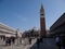 Shot of romantic St Mark`s Square with St. Mark`s Basilica and Bell Tower surrounded by elegant buildings