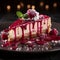 shot of a slice of creamy Raspberry Swirl Cheesecake, capturing the luscious cheesecake base by AI generated