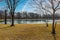 A shot of a still green lake surrounded by yellow winter grass in the park with bare winter trees with gorgeous blue sky