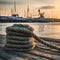 shot Thick hemp rope on pier in seaport, maritime industry photo