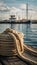 shot Thick hemp rope on pier in seaport, maritime industry photo