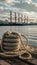 shot Thick hemp rope on pier in seaport, maritime industry photo