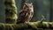 shot of a wise owl perched on a moss-covered branch