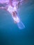 Shot of a woman in the sea from down below