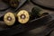 Shotgun shells close-up. Ammunition for smoothbore weapons on a khaki canvas backpack. Dark back
