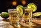 Shots of golden tequila with salt and lime on wooden table.Macro.AI Generative