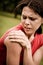 Shoulder injury - sportswoman in pain