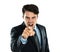 Shout, hand point and angry business man portrait of a employee screaming with white background. Frustrated, anger and