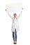 Shouting female doctor holding banner abover her head.