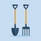 Shovel, spade, pitchfork, farm fork isolated on background. Garden tools, digging element, equipment for farmer. Spring work.