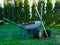 Shovel, wheelbarrow in garden grass, with bucket, gardening concept