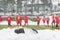 Shovels in the pile of snow after cleaning snow from the soccer