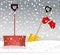 Shovels in the snow mittens storm