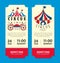 Show circus vertical vintage tickets set. Admit one coupon mention, barcode and text for festival and amusing fairground